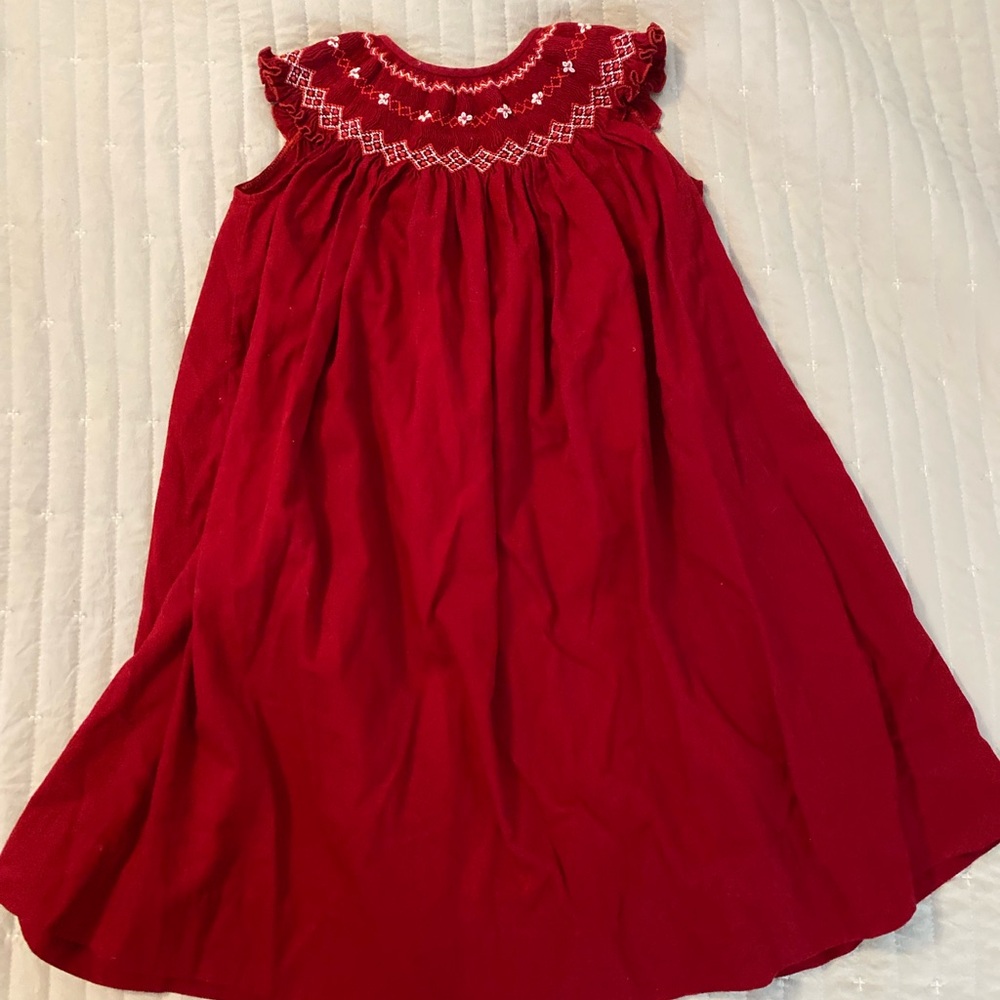 Red Smocked Embroidered Kids Dress